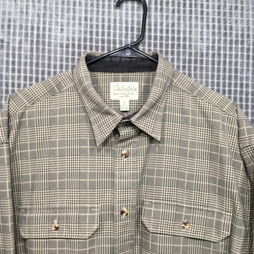 Cabelas Mens XL Plaid Button Down Shirt Tan Black Glen Check Long Sleeve SH684